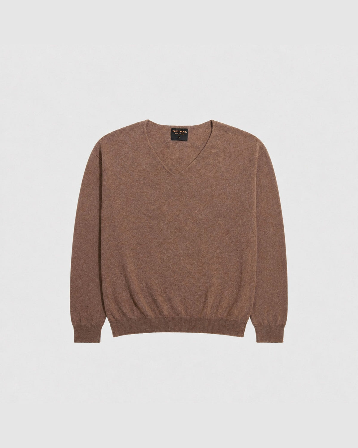Pull col V SALAMBO taupe en laine et cachemire, vu de face, CHEZ NOUS